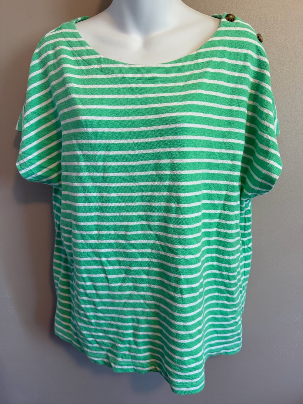 J. Jill Nautical Stripe Button Shoulder Slouchy Knit Top Green White XL